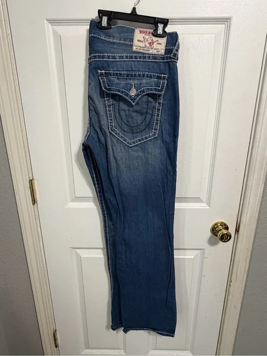 True Religion Men’s Straight Jeans in Medium Blue Denim