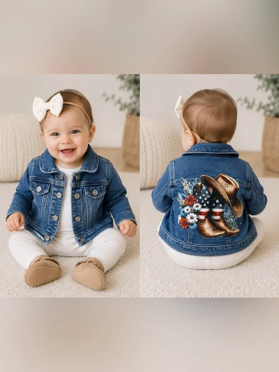 Handmade Patriotic Baby Denim Jacket 6–9 Months Cowboy Boots USA One-of-a-Kind
