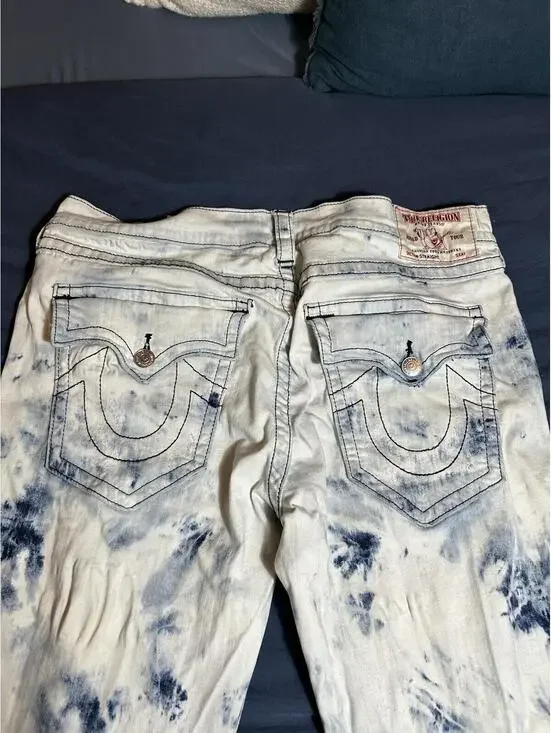 True Religion White and Blue Tie-Dye Straight Leg Jeans Size 40
