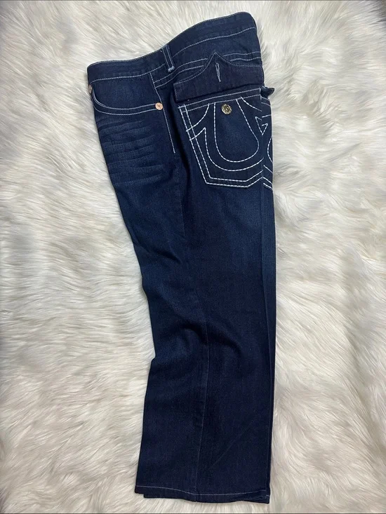 True Religion Dark Blue Straight Leg Jeans with Contrast Stitching