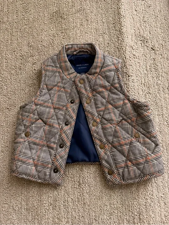 Janie and Jack Quilted Plaid Vest in Brown with Navy and Orange Accents