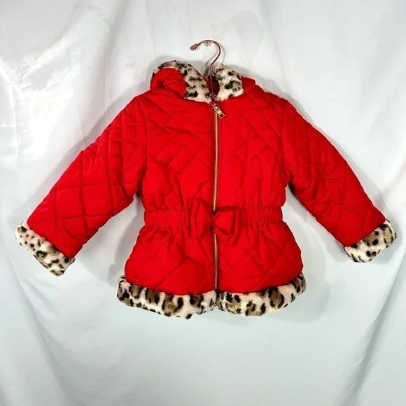 Girls Pistachio red puffer jacket with faux fur trim size 3T