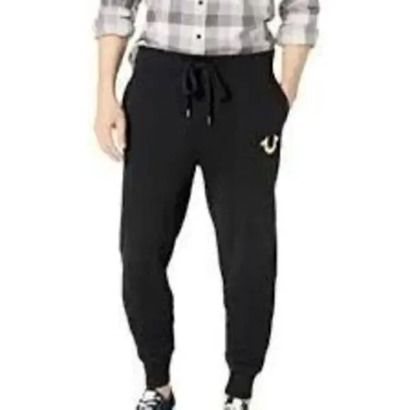 True Religion Black Gold Logo Drawstring Cotton Tapered Cuff Sweatpants Large