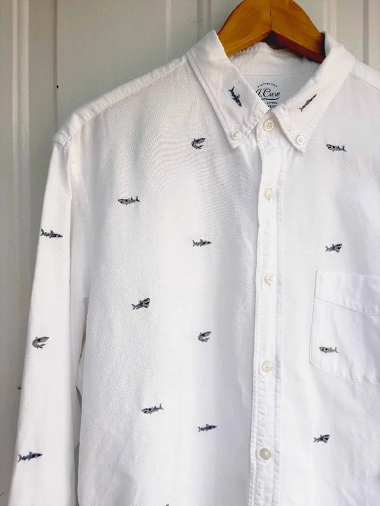 J.Crew Men Large Slim White Shark Embroidered Oxford Shirt Button Down Cotton