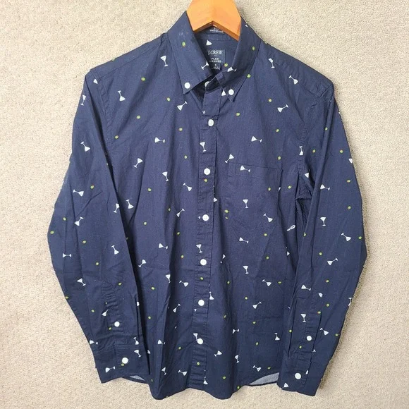 J Crew Shirt Mens Small Navy Martini Print Slim Untucked Button Down Cotton