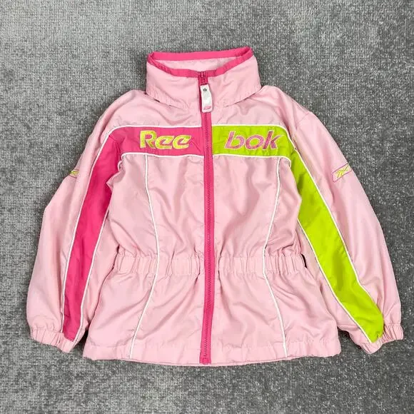 Reebok Toddler Girls Windbreaker Jacket 4T Pink Green Hooded Full Zip Retro y2k