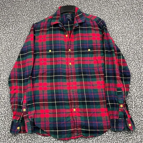 J. Crew Button Up Shirt Men Medium Red Green Flannel Plaid Long Sleeve Cotton M