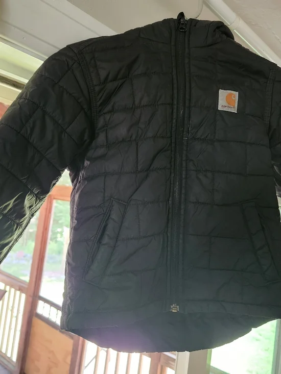 Carhartt Kids Black Quilted Hooded Puffer Jacket with Logo Patch