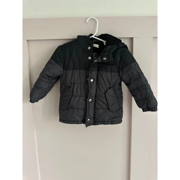 Crazy 8 Boys Black Grey Herringbone Hooded Puffer Jacket Coat 12-18 Months