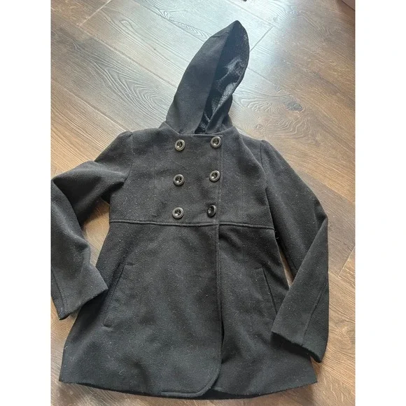 Rothschild Girls Black Double Breasted Hooded Wool Blend Coat‎ Size 14