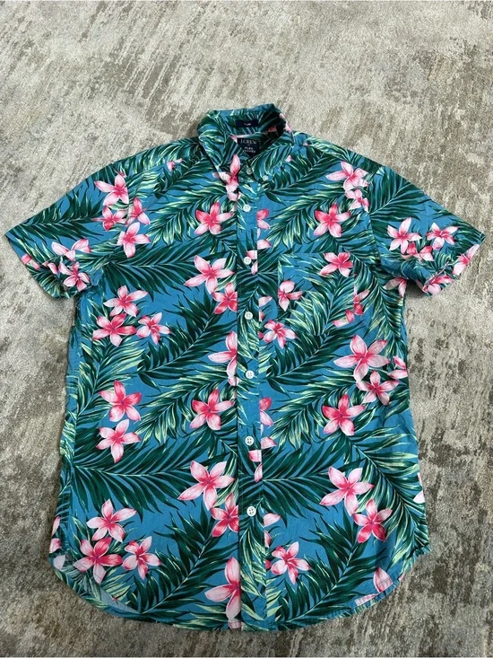 J. Crew Teal Blue Tropical Floral Short-Sleeve Button-Down Shirt