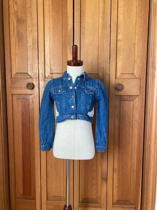 Little Lass Denim Jacket With Lace Applique, Size 6