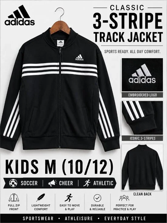 adidas Kids 3 Stripe Track Jacket M 10/12 Black Soccer Cheer Athletic Zip