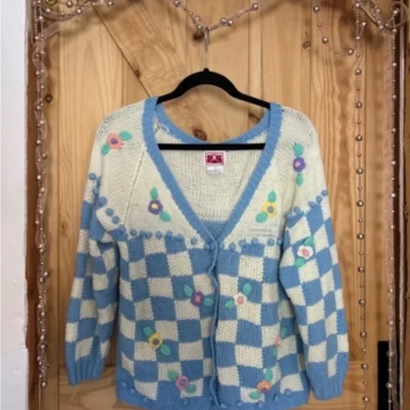 Blue and Cream Checker Floral Knit Cardigan - Women
