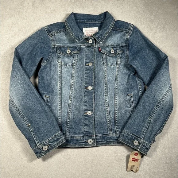 NWT-Levi's Girls' Med Wash Cotton Denim Button-Front Trucker Jacket XL 13-15 Yrs