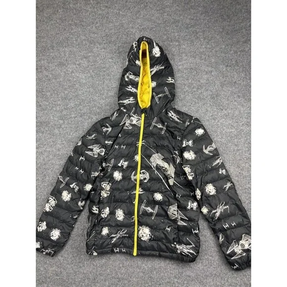 Uniqlo Star Wars Jacket Kids 12 Black Hooded Puffer Full Zip Yellow Lining‎