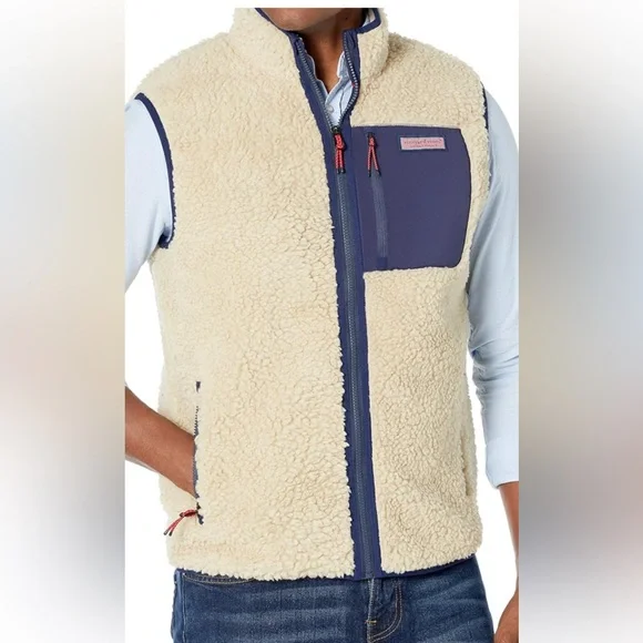 Vineyard Vines Cream Sherpa Vest with Navy Trim