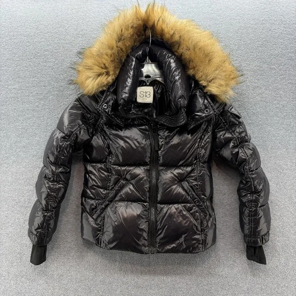 S13 Puffer Jacket Youth Girls 8 Black Hooded Faux Fur Trim Winter Coat