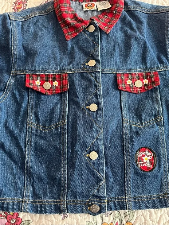 Vintage 1997 90’s Tweedy Bird Denim Jacket youth kids Size 14 Red Plaid Heart
