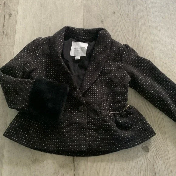 Janie and Jack Girls Black Gold Metallic Peplum Blazer Faux Fur Cuffs Size 5‎