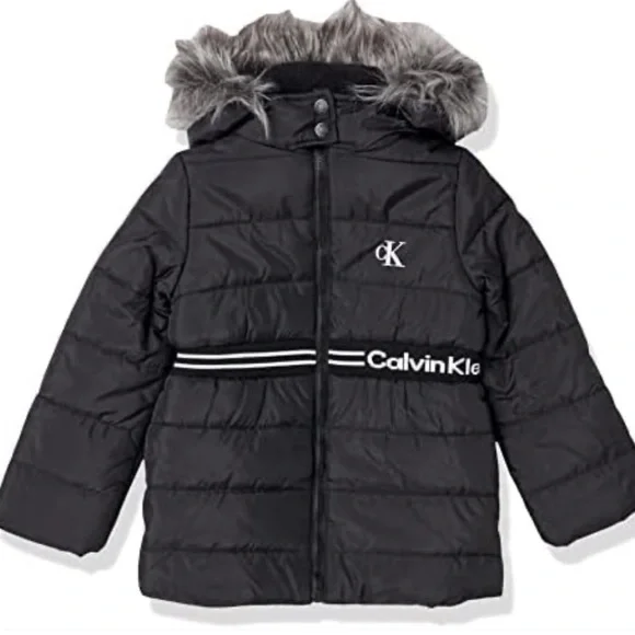 Calvin Klein girl Hooded Black Puffer Jacket With Fleece Lining Down Size XL/16
