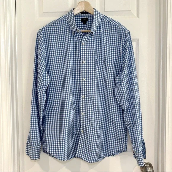J. Crew Button Up Long Sleeve White Blue Checkered Nautical Shirt Men Sz XL SLIM