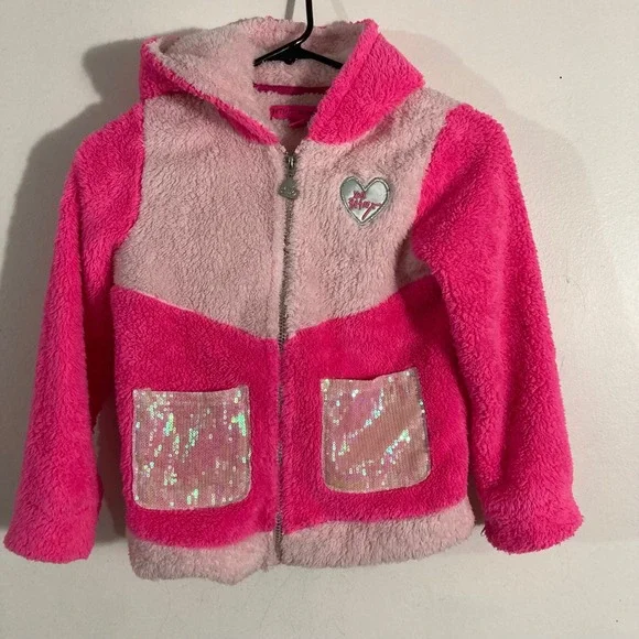 Betsey Johnson Hoodie Kids 7/8 Pink ‎ Sherpa Sequin Colorblock ZIP UP