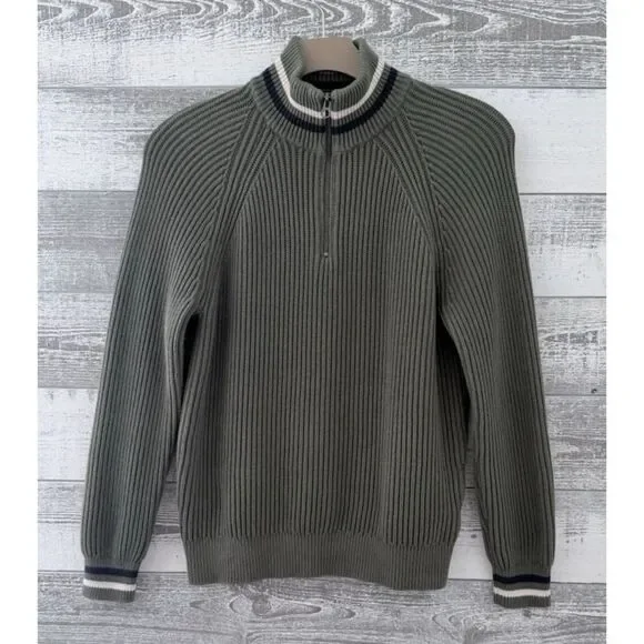 J CREW Knit Sweater Men M Green Ribbed Half-Zip Varsity Stripe Trim Cotton BC592