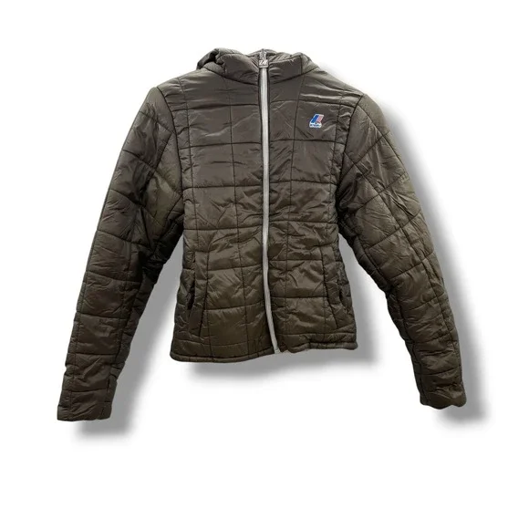 K-Way Puffer‎ Jacket Youth 10Y Olive Green Jacques Thermo Light Hooded Quilted