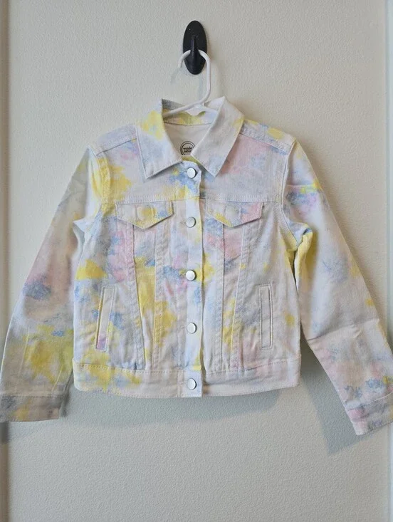 Girl's Fashion Tie Dye Denim‎ Jacket White & Yellow Size XS 4/5