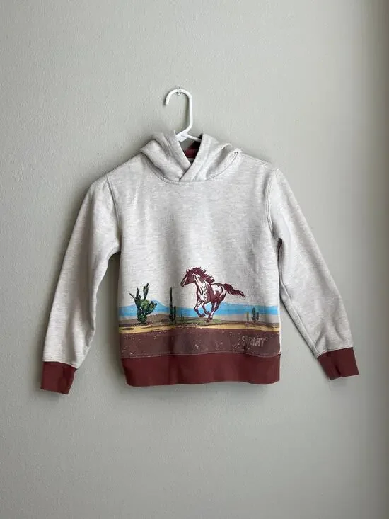 Ariat Girls Wild Horse Desert Southwest Pullover Hoodie Oatmeal Brown Youth M 10