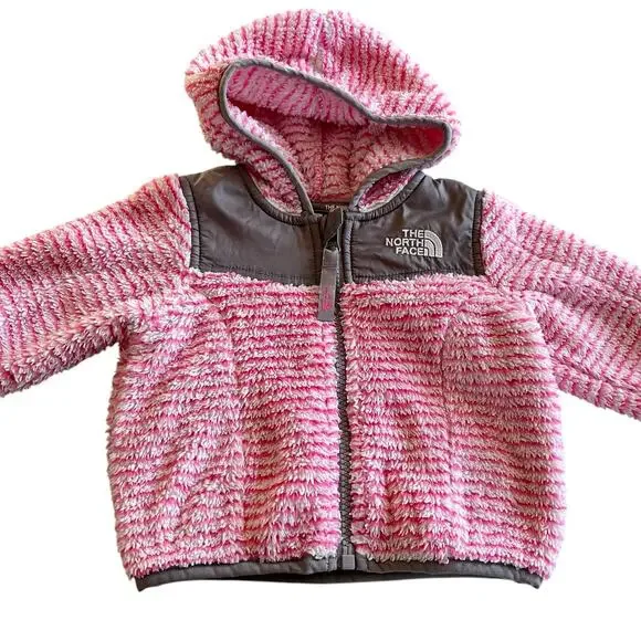 The North Face girls  Oso pink stripe polar fleece hooded jacket size 3-6 mos
