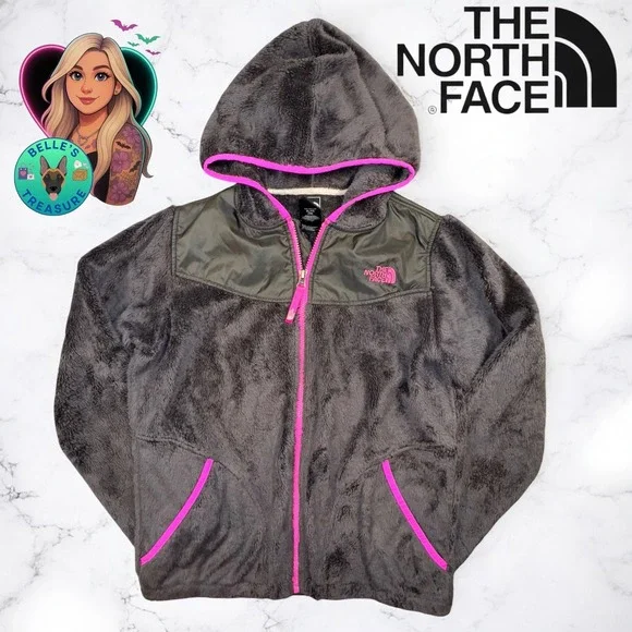 The North Face Girls XL 18 Suave Oso Full-Zip Hooded‎ Jacket Gray Pink Fleece