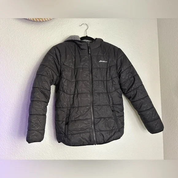 Eddie Bauer Reversible Jacket Youth Boys Large 14/16 Black Hooded Faux Fur