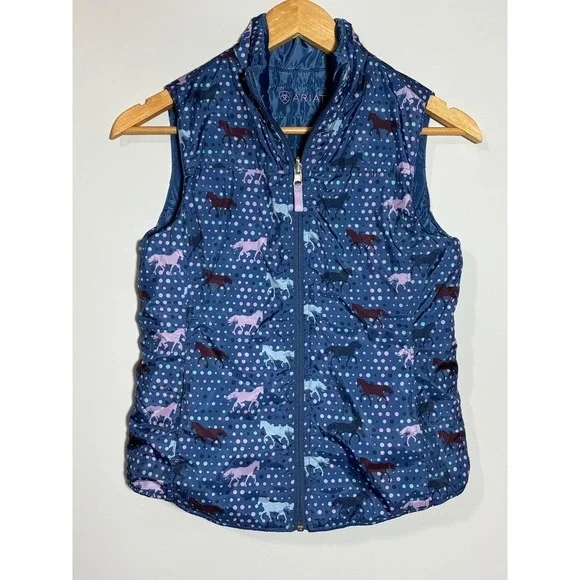 Ariat Reversible Puffer Vest Kids XL 14 Blue Horse Polka Dot Print Quilted Zip‎