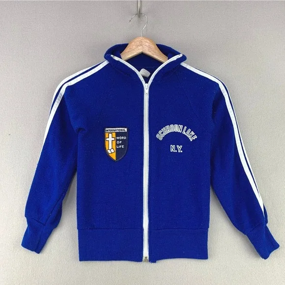 Vintage 70s Bible Camp Track Jacket Kids S 6-8 Blue Full Zip Schroon Lake Retro