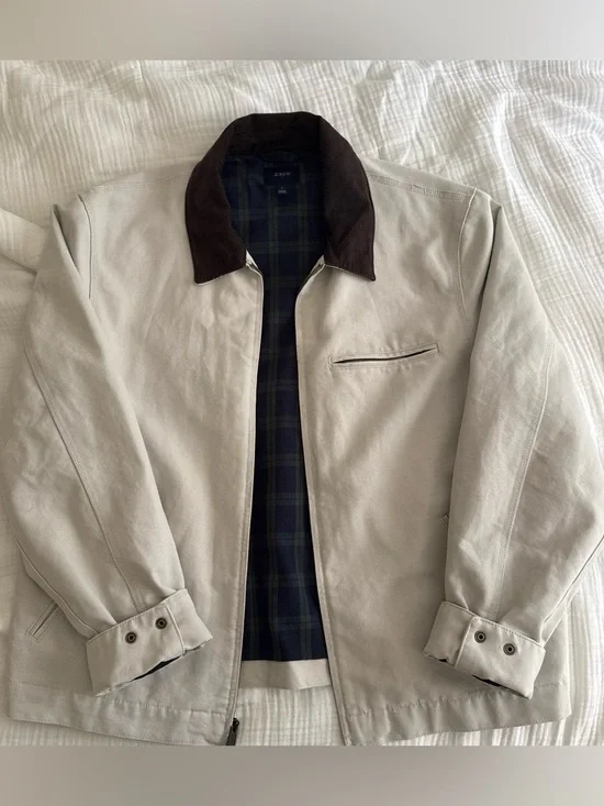 J. Crew Light Beige Cotton Jacket with Dark Brown Collar