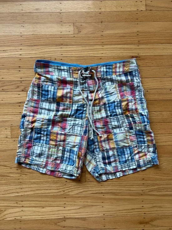 Vintage JCrew Madras Plaid Patchwork Swimwear Shorts Mens 34 Preppy Casual