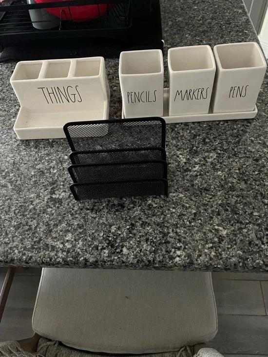 White Ceramic Desk Organizer Set - 'THINGS PENCILS MARKERS PENS'