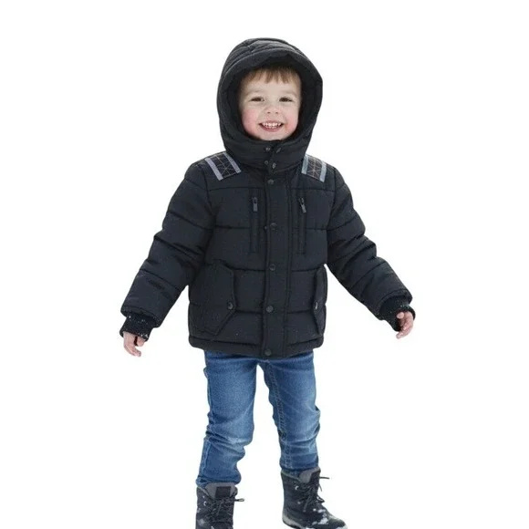 DKNY Puffer Jacket Boys Size 4 Black Hooded‎ Winter Coat Warm Quilted Nylon