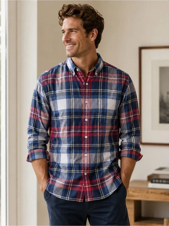 J Crew Men's Red and Blue Plaid Button-Down Shirt 100% Cotton Sz L