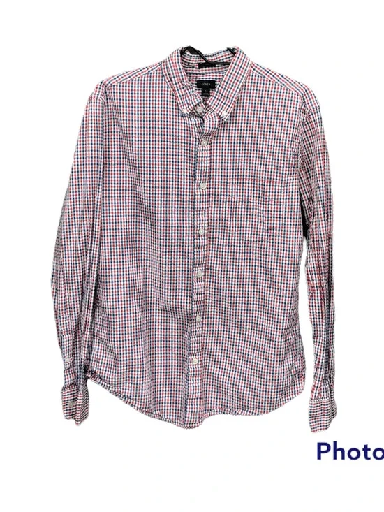 J Crew Men's Slim Fit Button Down Gingham Plaid Shirt Sz LG Red Blue 100% Cotton