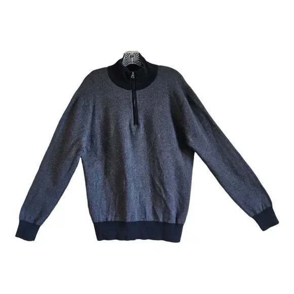 J. CREW Men's M 1/4 Zip Sweater Black Gray Herringbone Mock Neck Long Sleeve 42