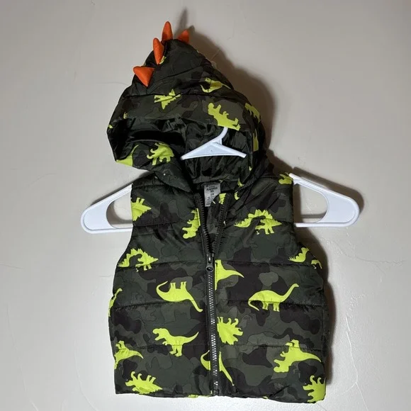 Member's Mark Dinosaur Camo Puffer Vest Boys 12 Months Hooded Green Pockets