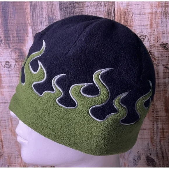 LL Bean Beanie Boys Large Green/Black Fleece Flame Print