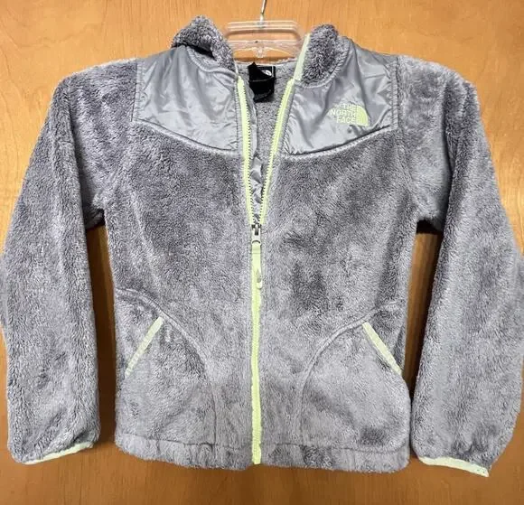 The North Face Girls Medium 10/12 Gray/Neon Full Zip Hooded Fuzzy Fleece Jacket