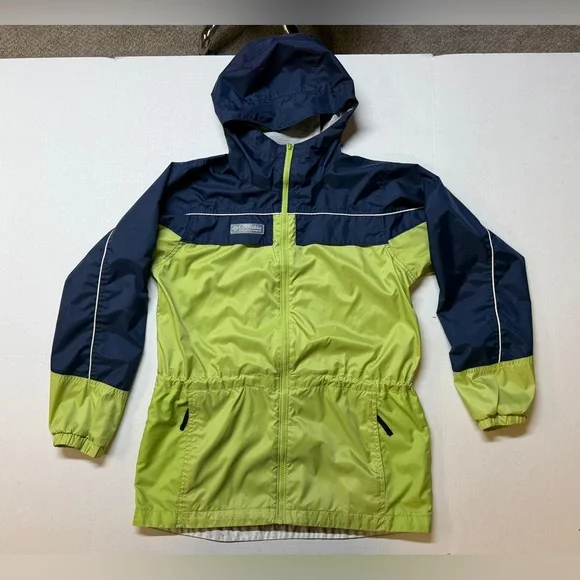 Columbia Girl’s 14/16 Green Blue Color Block Hooded Rain Coat Jacket