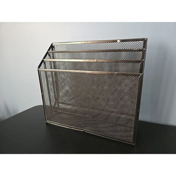 Three Section Tier Compartment Black Metal  Mesh Wire File Organizer