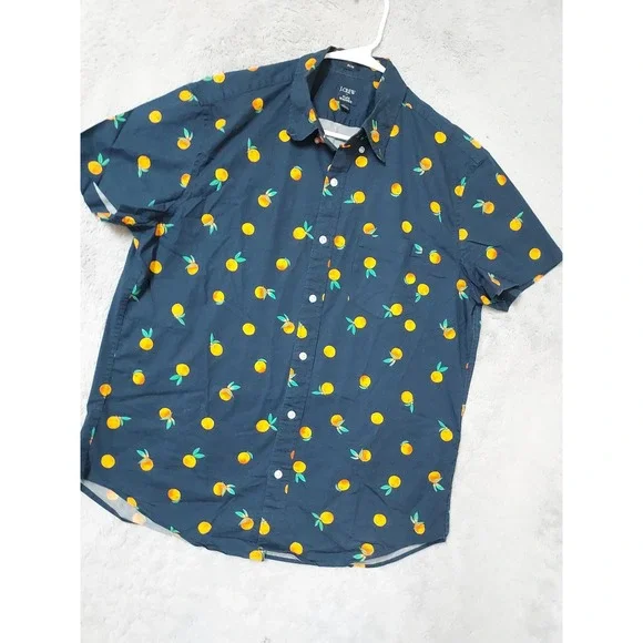 J Crew Shirt Mens Large Slim Flex Washed Short Sleeve Orange Fruit Novelty Print