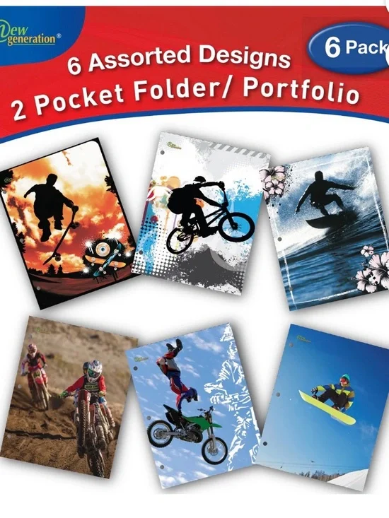 Assorted Action Sports 2-Pocket Folders - 6 Pack